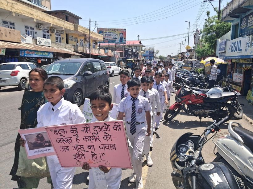 Children took out a protest rally in Amb Bazaar against the killing of tourists