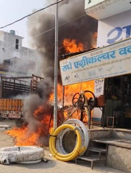 The truck caught fire after its tyre and diesel tank burst
