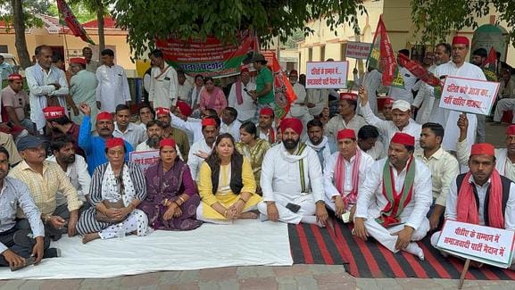 SP workers staged a sit-in protest against the attack on SP MP