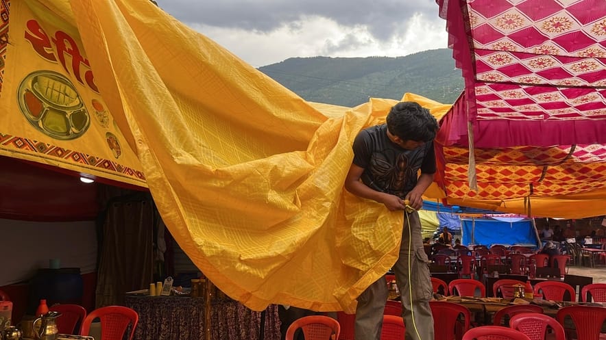 The roofs of temporary shops in Dhalpur were blown away by the storm