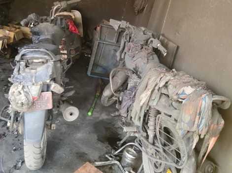 Two motorcycles and other items burnt to ashes in a fire at a mechanic's shop