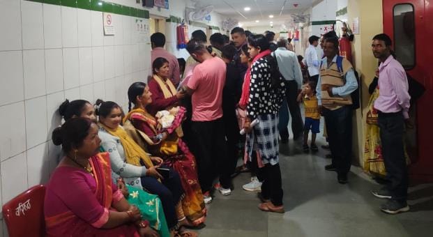 Crowd of patients gathered in district hospital