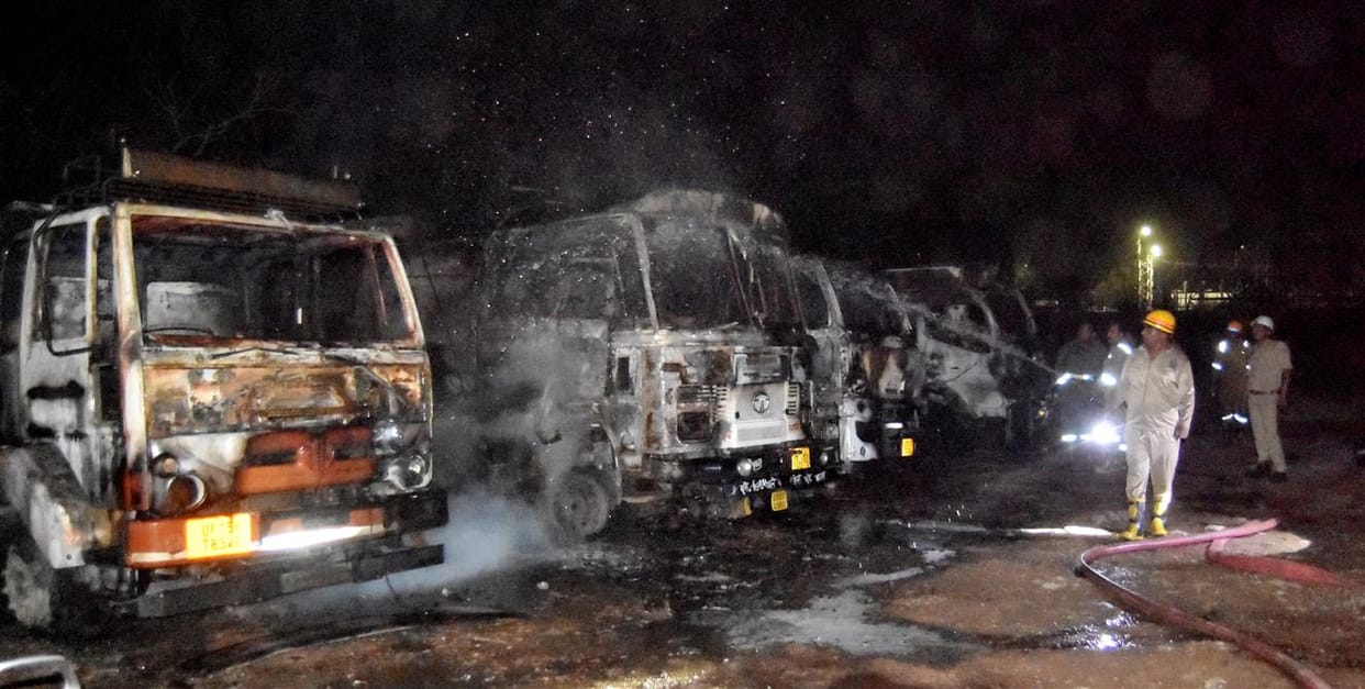 Four petrol tankers caught fire, two people got burnt