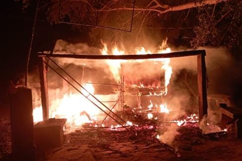 The fire burnt the goods kept in the kiosk and warehouse