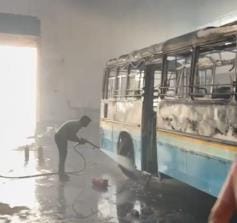 A roadways bus parked in the workshop caught fire while technical work was going on