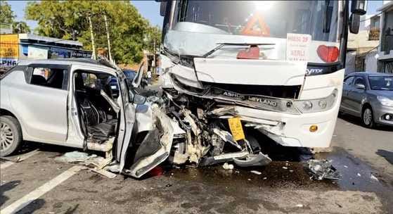 One dead, two injured in car and bus collision