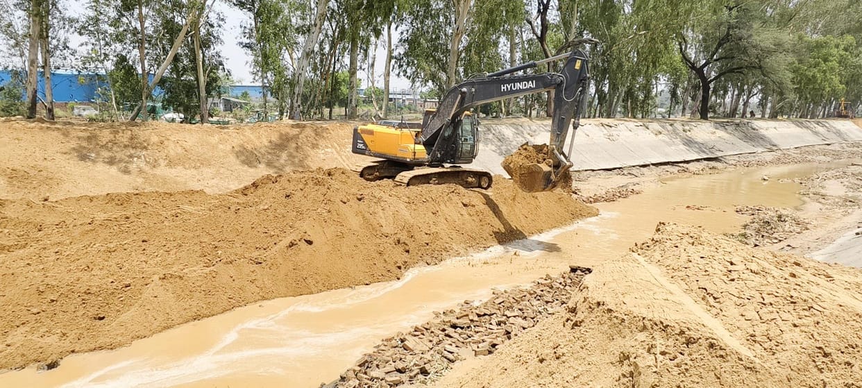 Construction of a 700-foot long concrete bed for the Balsamand branch canal has begun; the canal broke due to overflowing after a tree fell during the storm on Saturday night.