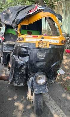 High speed roadways bus hits auto, four injured