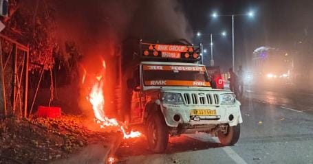 The wheels of the pickup came off after hitting an unknown vehicle, it caught fire
