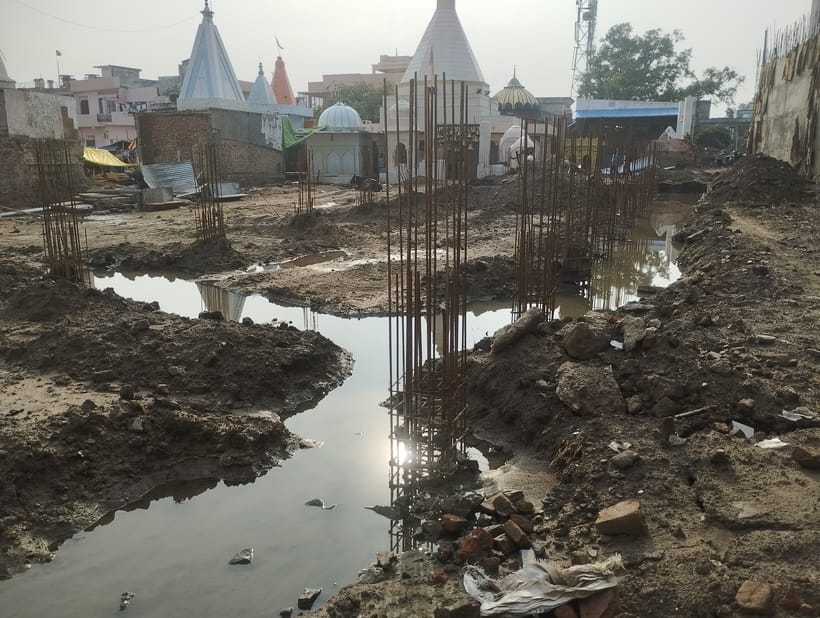 Water filled in the foundation of the corridor due to rain