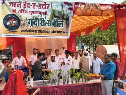 तुलसी के पाैधे वितरित करते लोग।