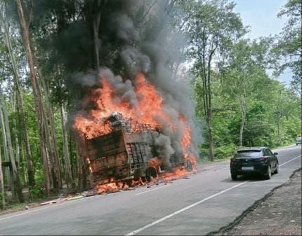 Truck collided with HT line and caught fire, driver saved his life by jumping