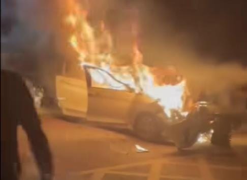 The car hit the trolley, both caught fire