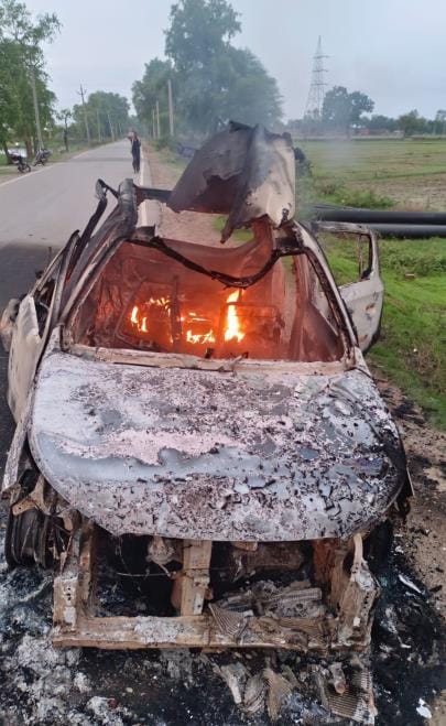 Human remains found in a burning car on the side of the road, the rear portion blown up due to a gas cylinder explosion