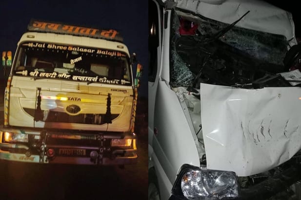 The car of a family returning to Balotara after visiting Khatu Shyamji collided with a parked dumper