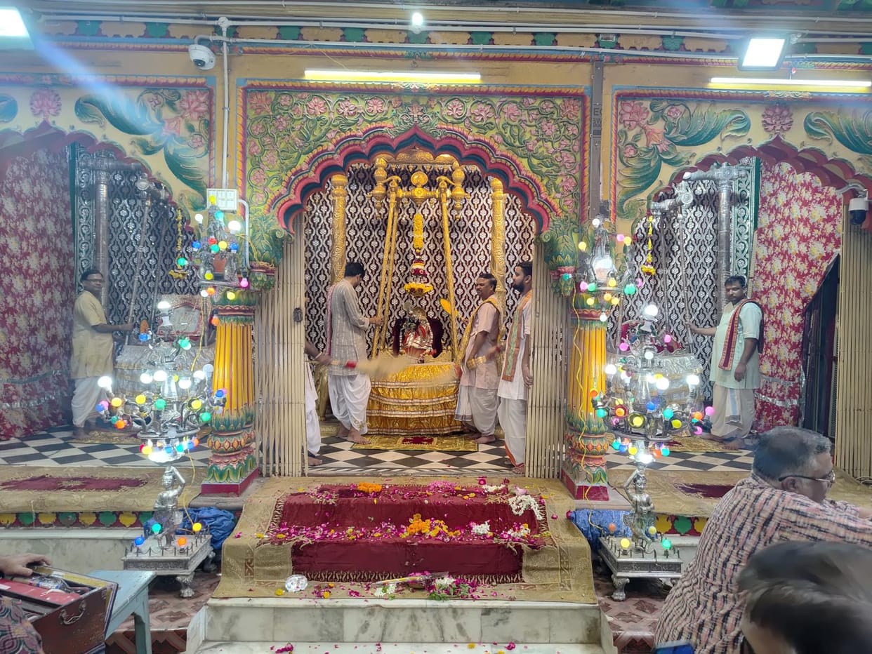 Rajadhiraj seated in a golden and silver swing