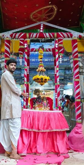Thakur Dwarkadhish seated in pink velvet hidola