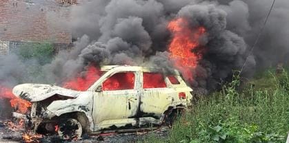 Car caught fire after hitting someone