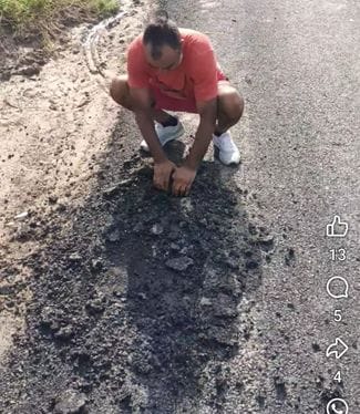 The layer of the road constructed at the cost of 2.5 crores is getting uprooted and is also flowing in water