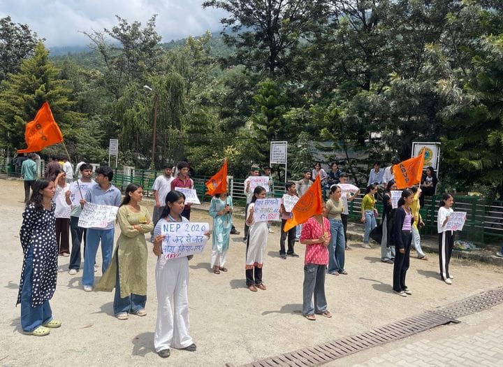 ABVP staged a sit-in protest in the college campus Kullu