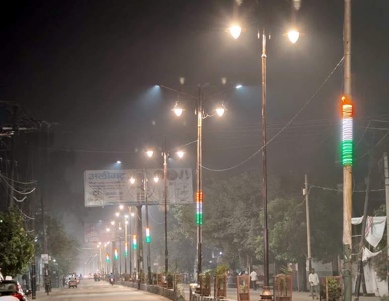 The main road was illuminated by street lights installed at a cost of 64 lakhs