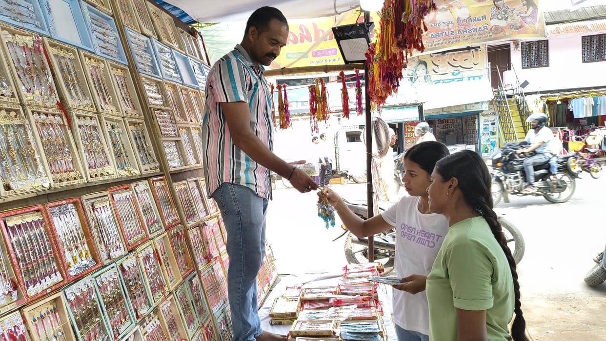 Market decorated in preparations for Rakshabandhan, Rakhis out