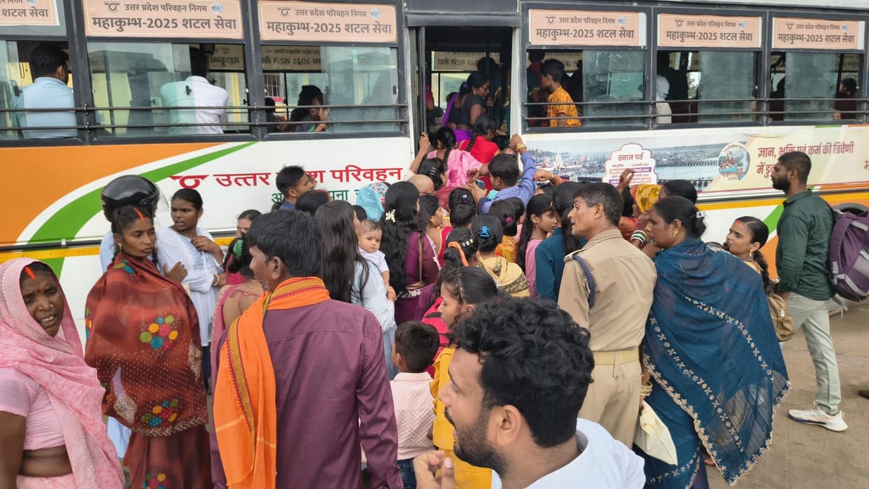 Crowd gathered in buses...sisters traveled amidst hardships