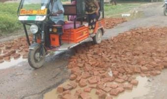 Villagers themselves filled the potholes on the road