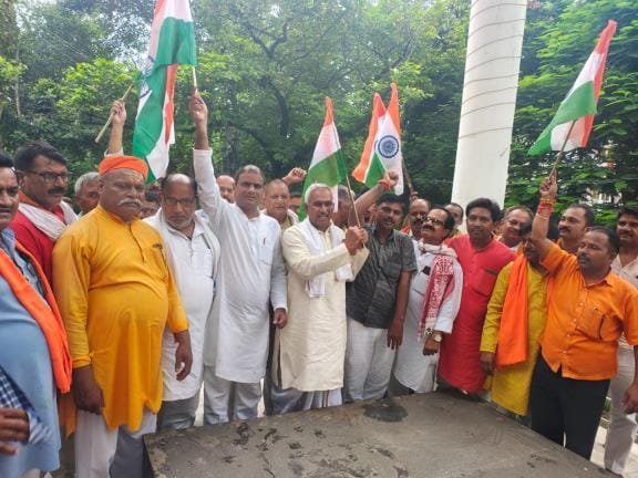The town echoed with patriotic slogans as people took to the streets carrying the tricolour