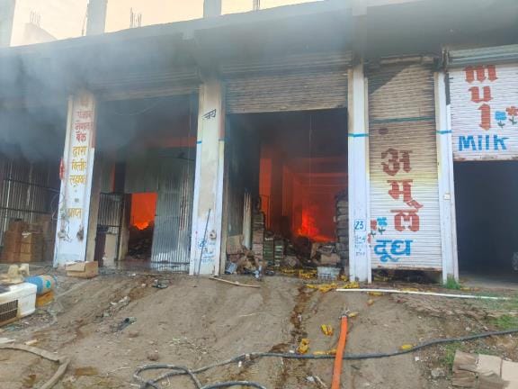 A huge fire broke out in a grocery store located in Transport Nagar