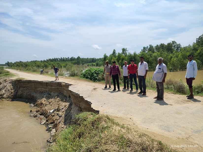 Sand bags to save the bridge from river floods