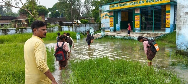 There is no drainage system in the school, water filled upto knees