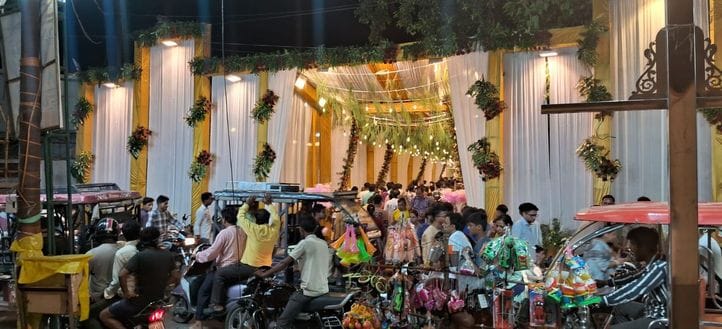 The temples of the city are bathed in colorful lights on Ekadashi
