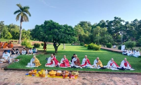 Followers prayed at Gandhakuti