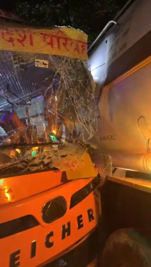 Roadways bus collides with tanker parked on the highway, 12 injured