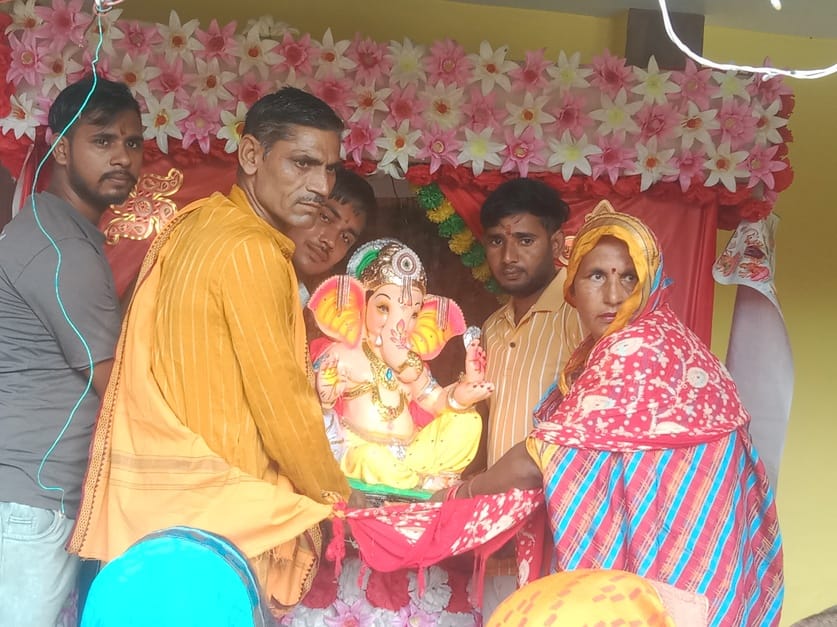 Ganpati Bappa is seated in the house and pandal