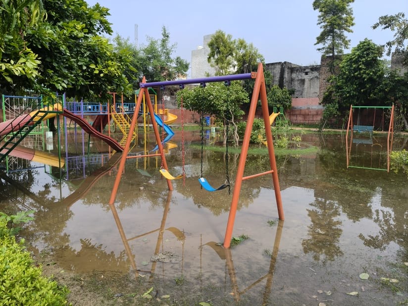 The park which was being renovated at a cost of Rs 123 lakh is submerged in rain water.