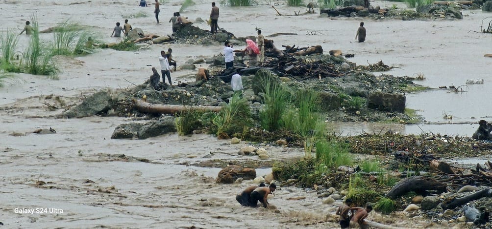 People catching wood in flood water near Hathinikund Barrage