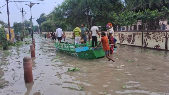 Flood below, rain water above