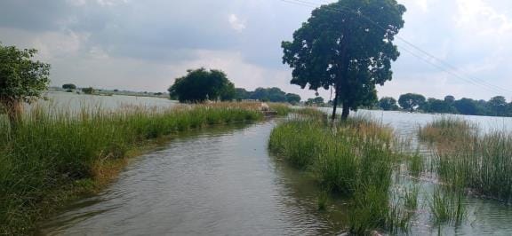 Deoraha Baba Ashram surrounded by flood water, road also submerged
