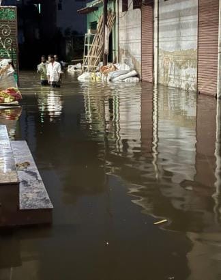 Flood water filled the warehouses