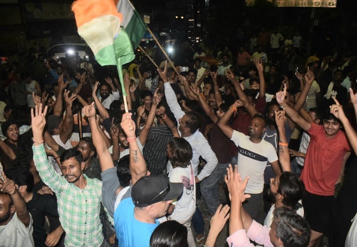 Celebration of India's victory over Pakistan, tricolour hoisted