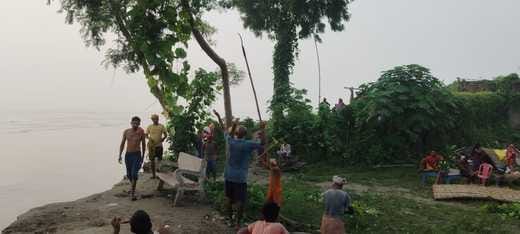 Now the Saryu is in spate, two houses are submerged in the river.
