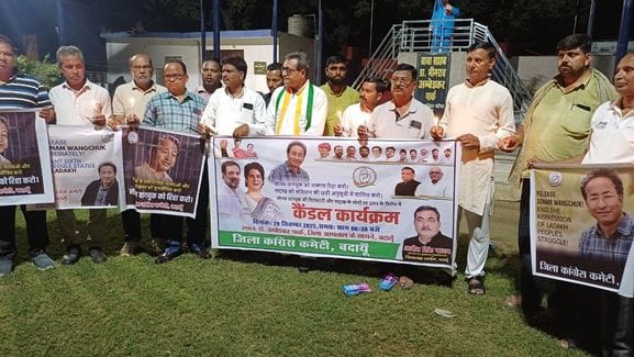 Congress workers held a candlelight march to protest the arrest of Sonam Wangchuk.