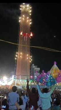 Hanuman descended a 70-foot-high chimney on a rope, carrying the Sanjivani herb.