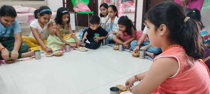 After worshipping the girls, Prasad was distributed.