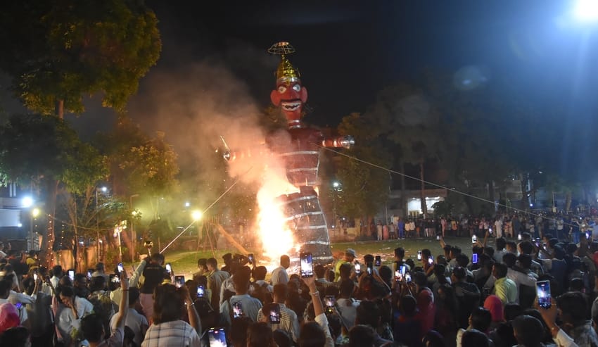 Ravana burned to ashes as soon as the fire arrow hit him.