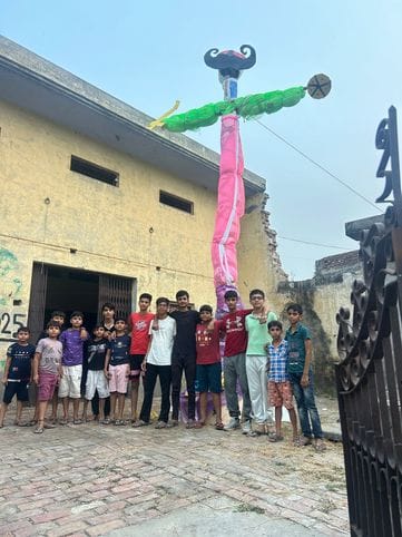 Children made a 25-foot Ravana and burnt it.