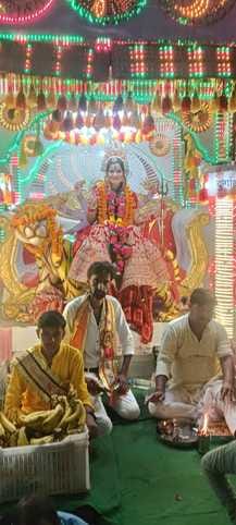 Gulal was thrown during the Durga idol immersion procession.