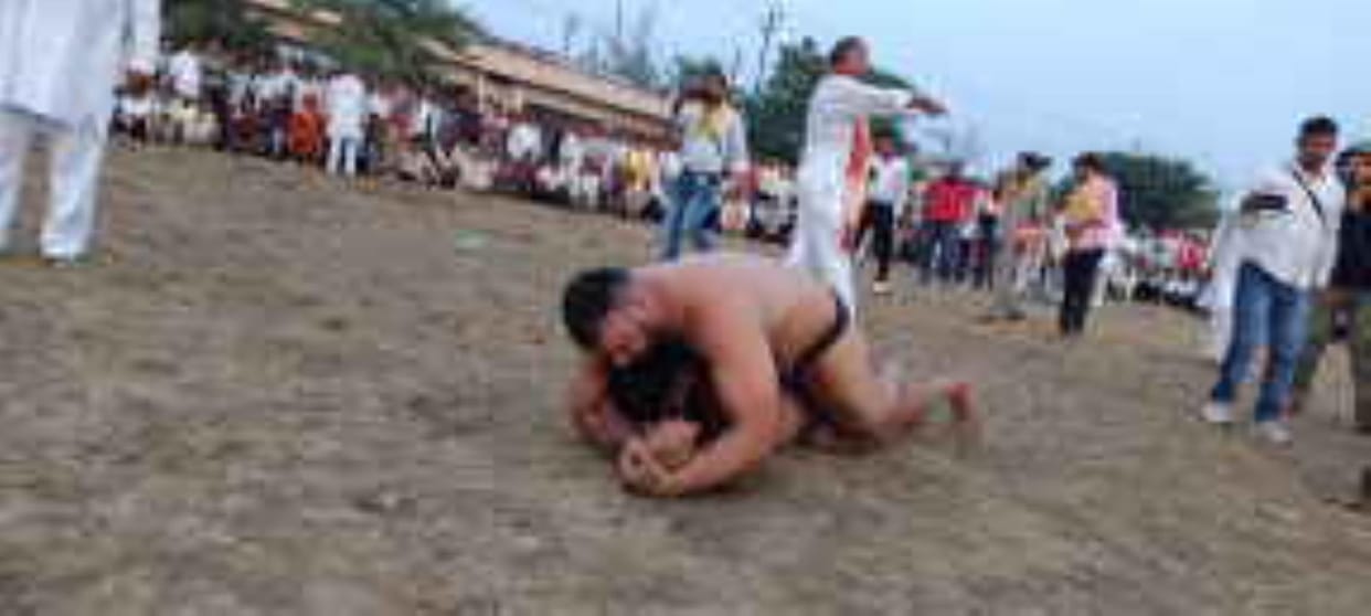 Crowd gathered in wrestling match held under umbrella